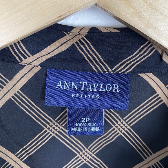 Ann Taylor 2p Button Up Shirt Plaid 100% Silk Office Career Preppy Brown Black - Picture 2 of 4